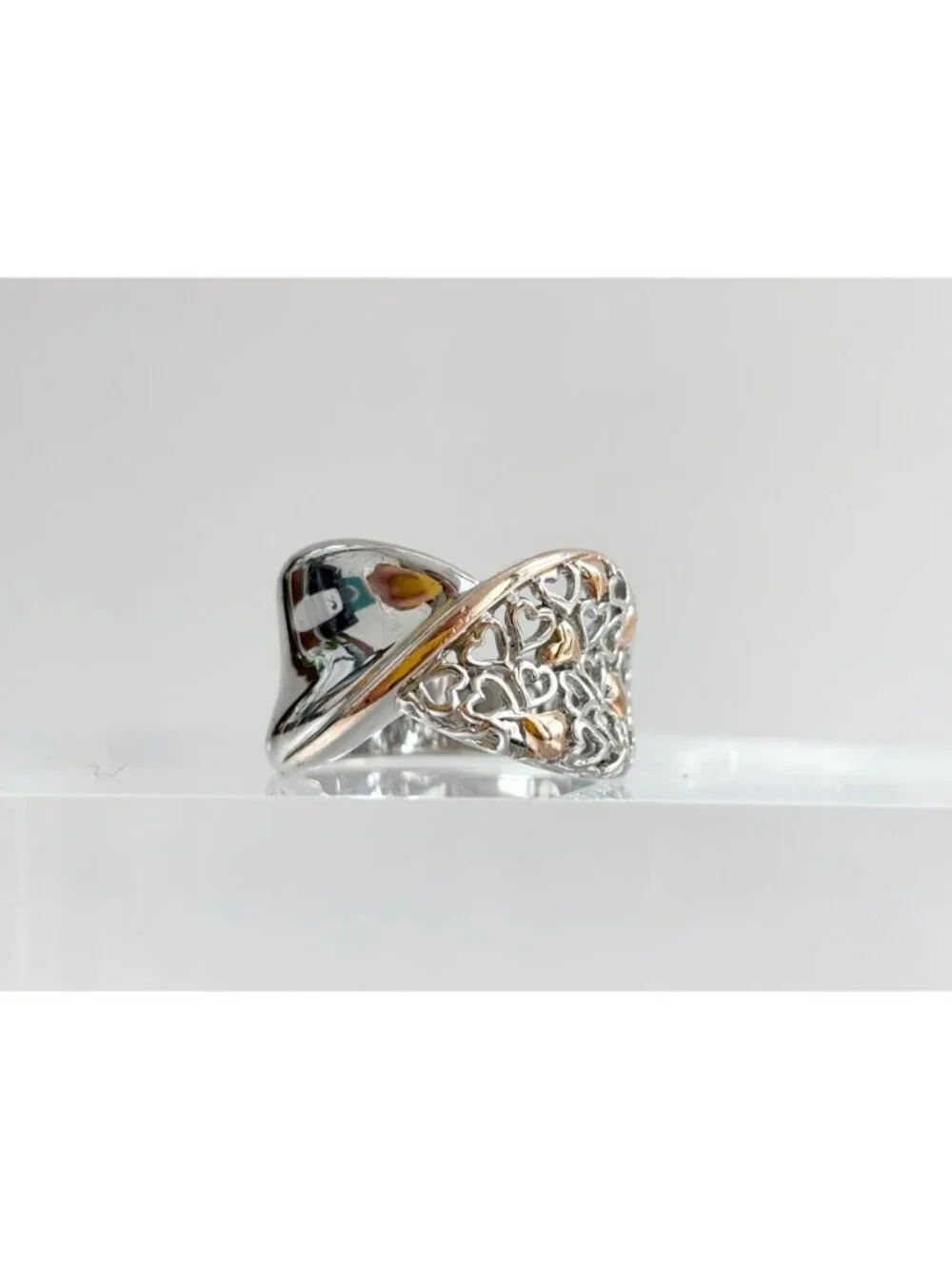Dual Toned Gold Overlay Heart Crossover Sterling Silver 925 Vintage Ring sz 7.25